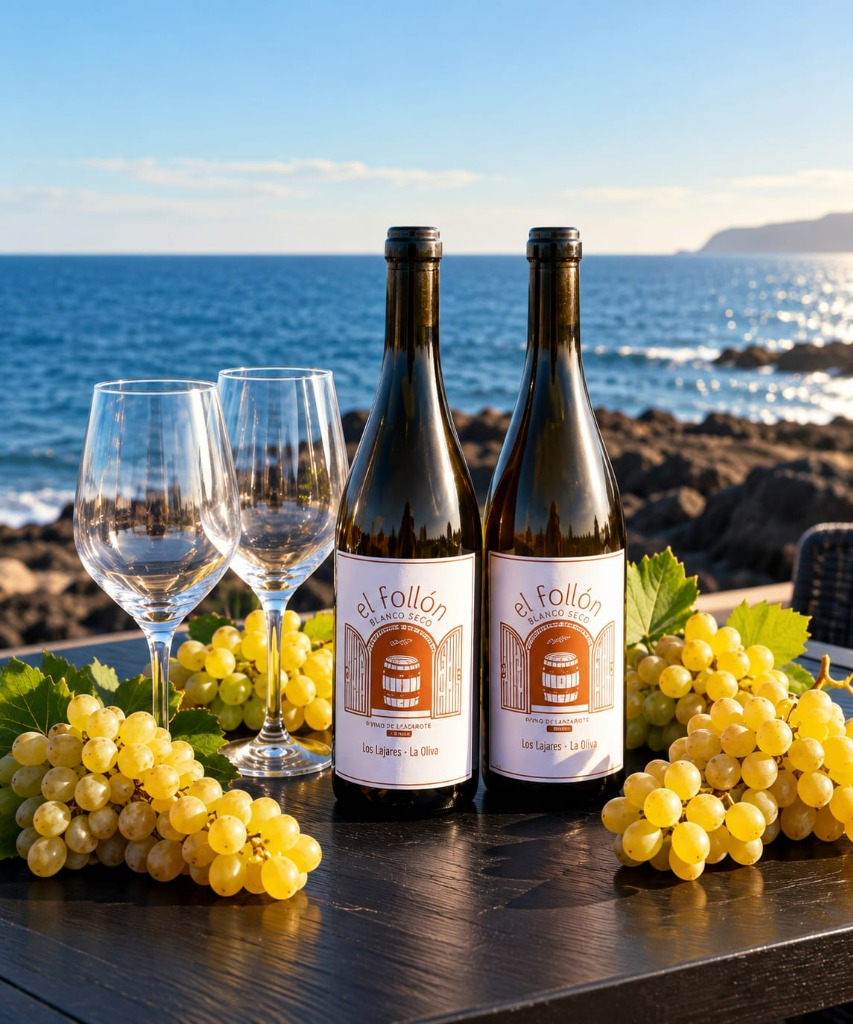 Dos botellas de El Follón con copas, uvas blancas y vistas al mar Atlántico