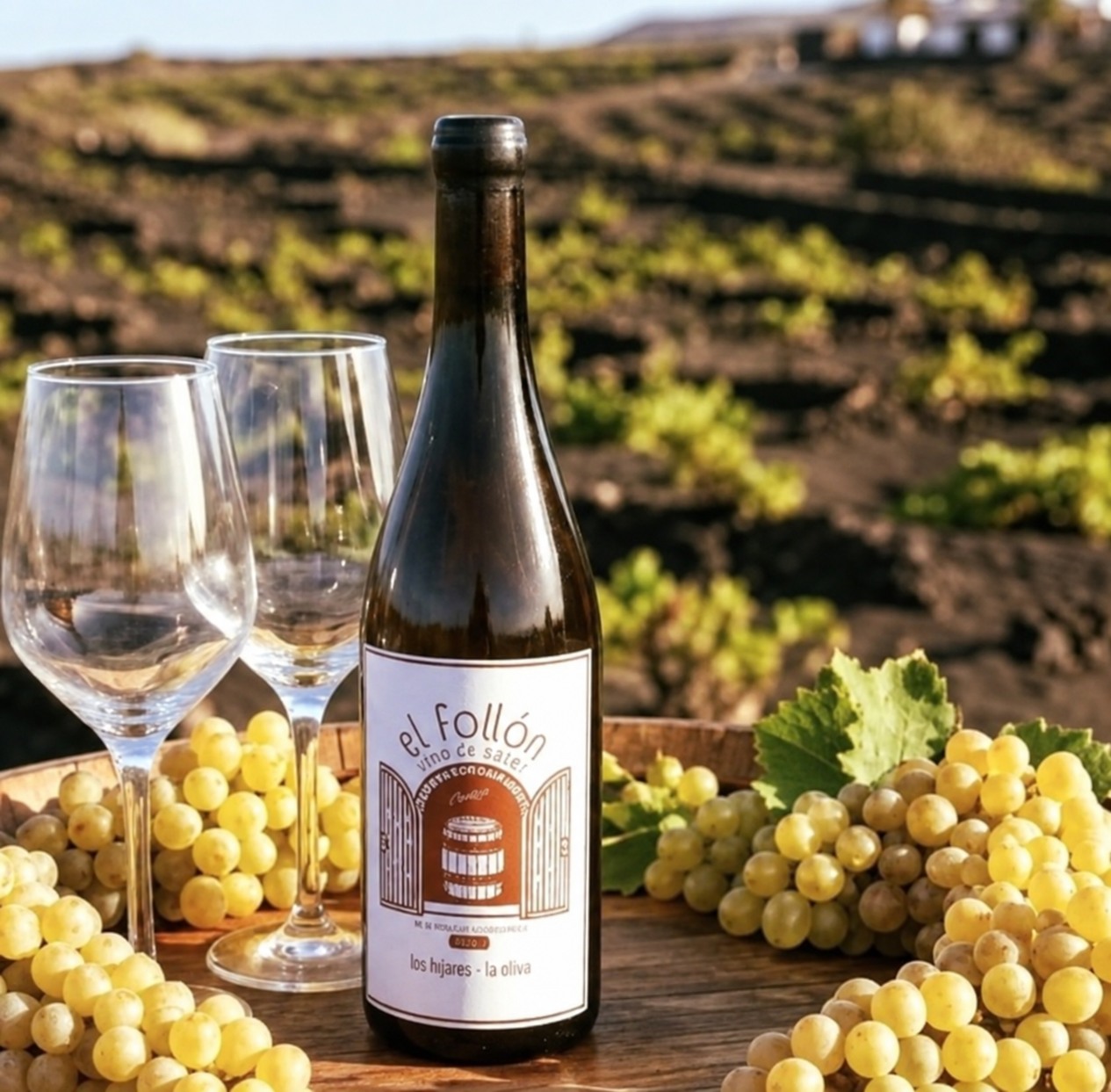 Botella de El Follón entre uvas blancas, con el viñedo de Lajares al fondo